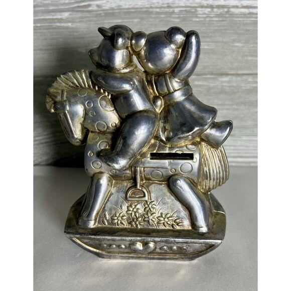 Lenox Kirk Stieff Col. Teddy Bears on Rocking Horse Silverplate Coin Piggy Bank - Picture 3 of 7